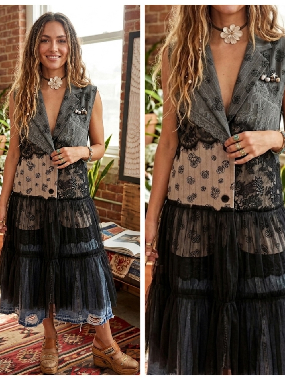 Boho Mixed-Print Tiered Maxi Vest with Lace Bodice